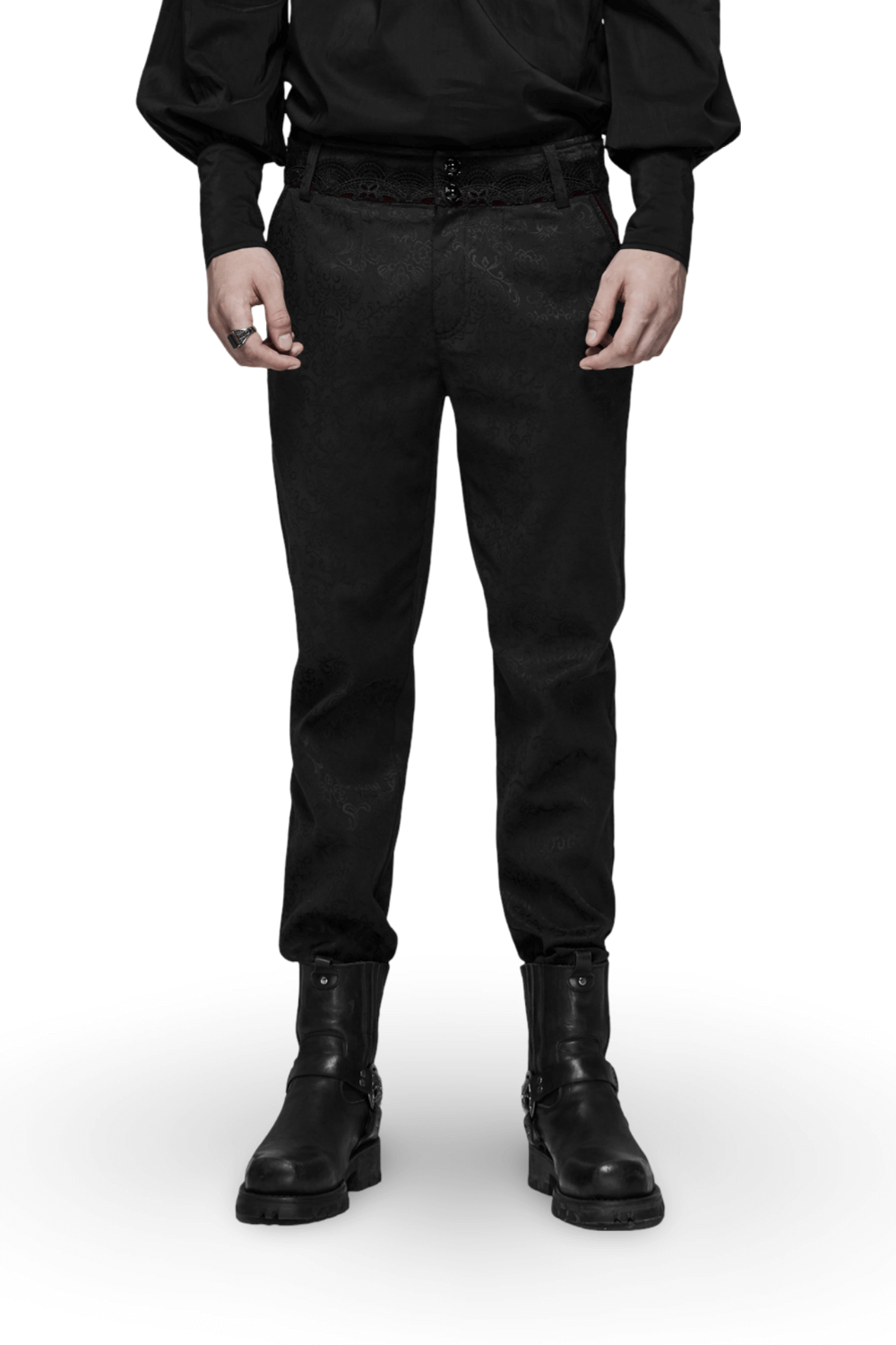 Gothic Jacquard Lace Pants with metal buttons, featuring velveteen lining and ornate detailing for a dark romantic look.