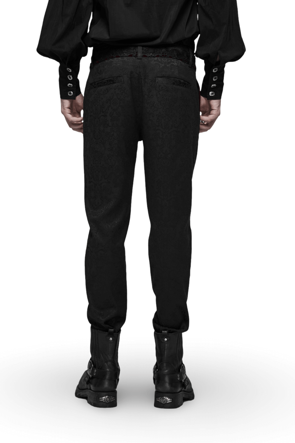 Back view of Gothic Jacquard Lace Pants with metal buttons, showcasing elegant lace detail and luxurious texture.