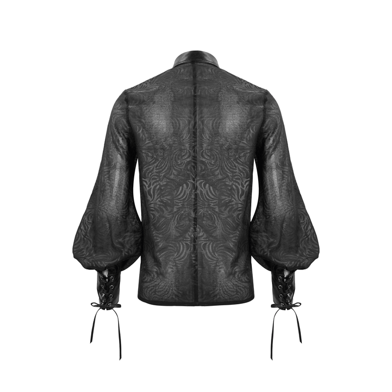 Back view of a gothic black jacquard shirt featuring PU leather inserts and lace-up sleeves.
