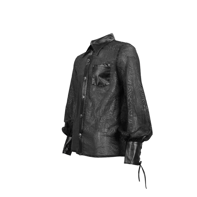 Stylish black gothic jacquard shirt with PU leather inserts and button-up design, perfect for a daring fashion statement.