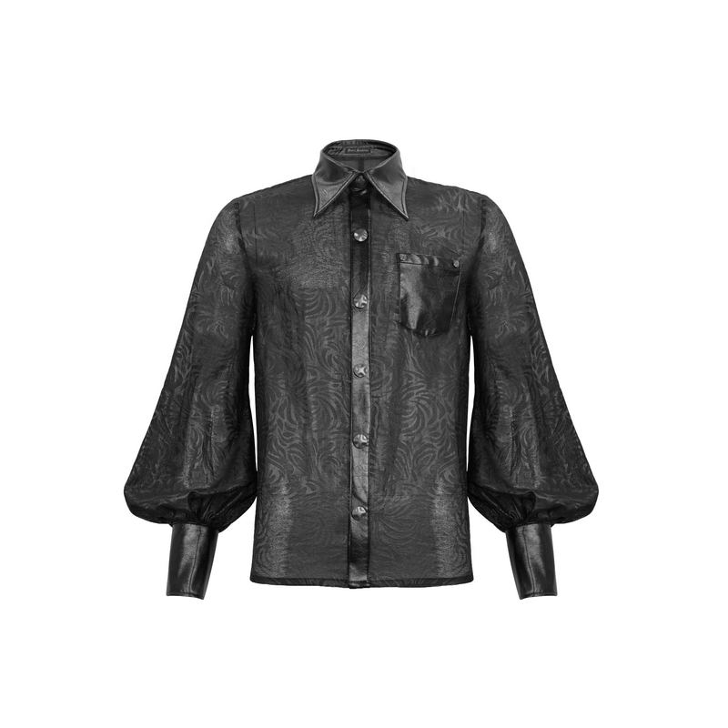 Stylish black gothic shirt with PU leather inserts and transparent fabric, featuring long sleeves and a unique design.
