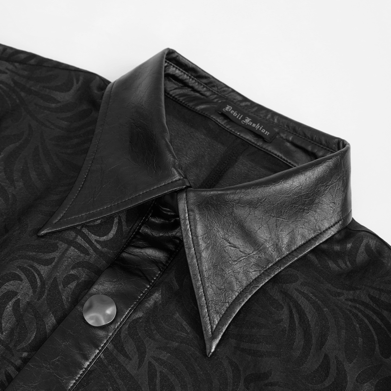 Close-up of gothic black shirt featuring PU leather collar and jacquard fabric, perfect for a stylish look.