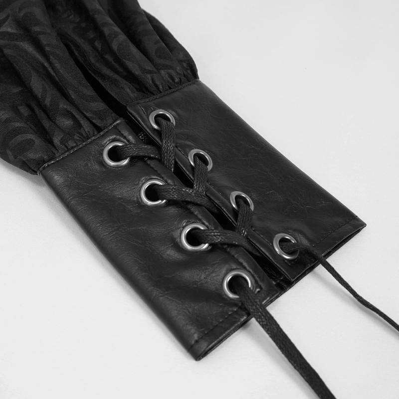 Close-up of gothic black shirt sleeve with PU leather inserts and lace-up details, showcasing stylish design.
