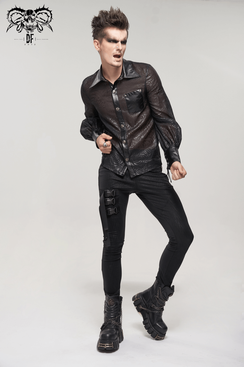 Men's gothic black shirt with PU leather inserts, styled with edgy fashion and fitted black pants.