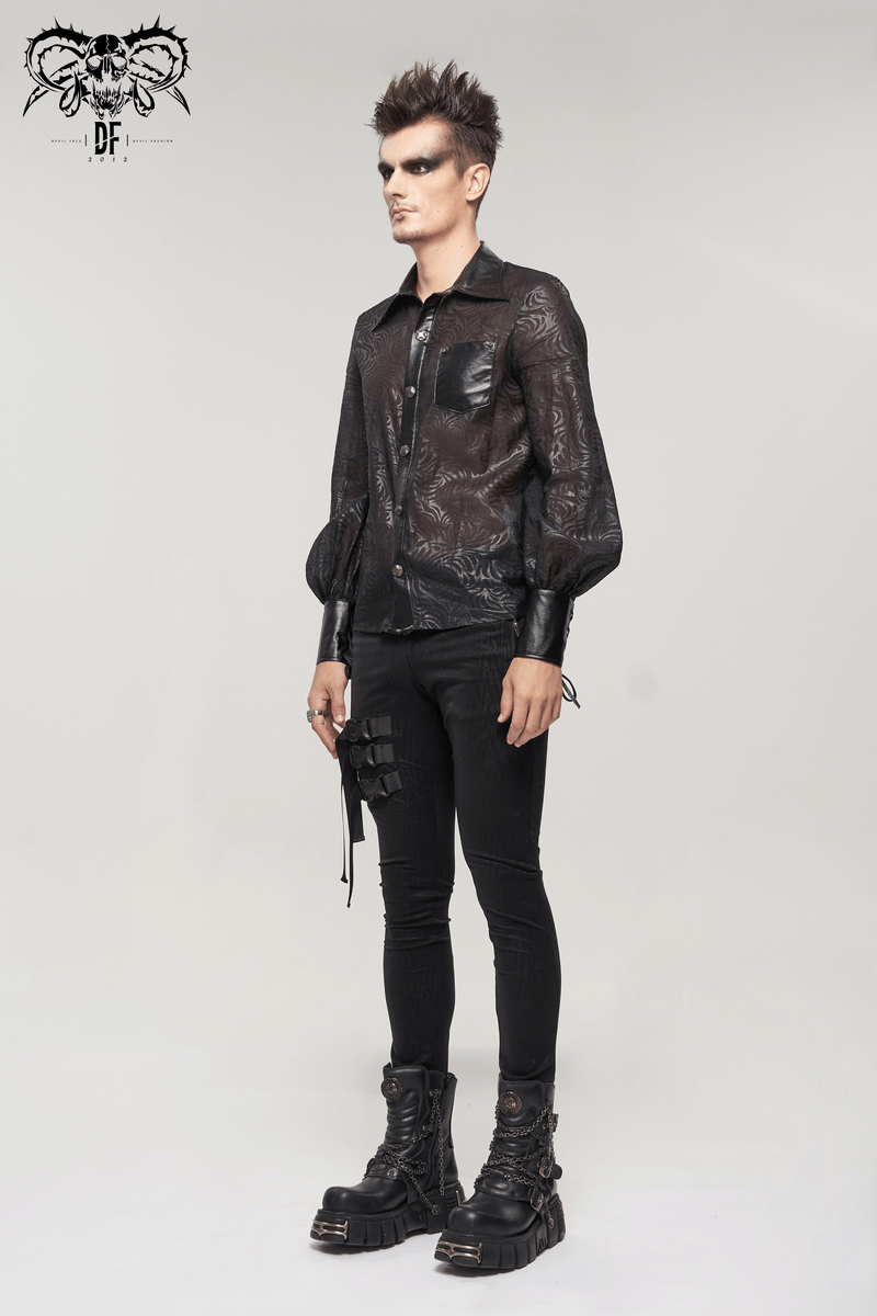 Men's gothic black shirt with PU leather inserts, stylish transparent fabric, perfect for edgy fashion looks.