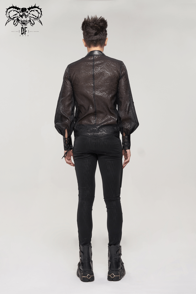 Men's Gothic black long sleeve shirt with PU leather inserts, featuring transparent fabric and stylish design.