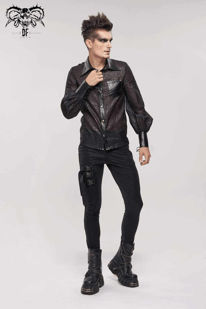 Men's Gothic black shirt with PU leather inserts, paired with black pants and stylish boots, exuding a bold fashion statement.
