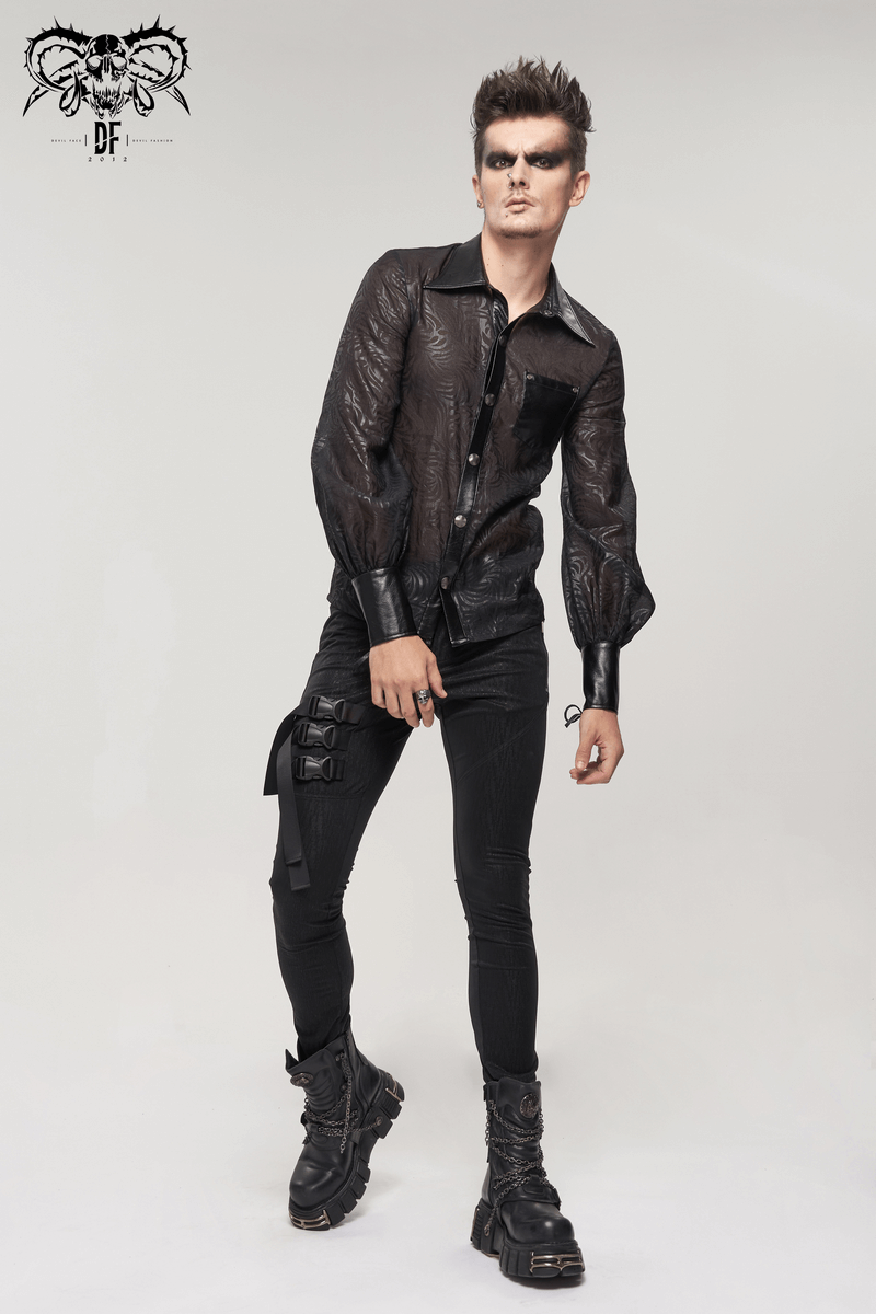 Stylish men's gothic black shirt with PU leather inserts and transparent fabric, paired with edgy black pants and boots.