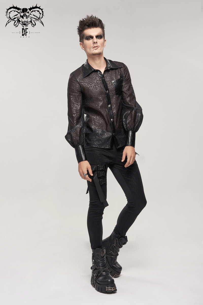 Stylish men's gothic-inspired black transparent shirt with PU leather inserts, perfect for a unique fashion statement.