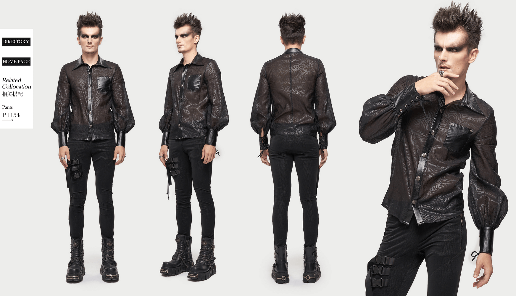 Men's gothic black shirt with PU leather inserts, featuring a transparent fabric and stylish design, perfect for edgy fashion.