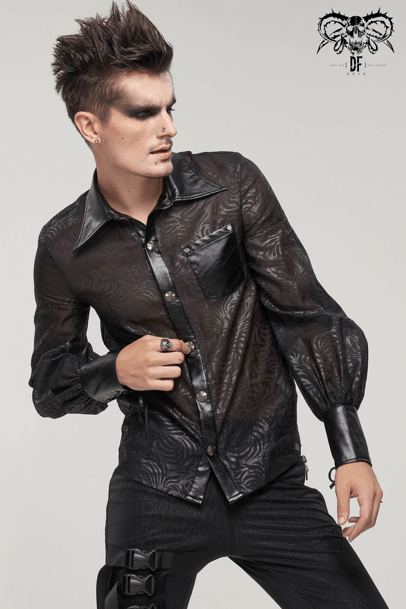 Gothic Jacquard Shirt with PU Leather Inserts / Black Long Sleeve Transparent Shirt - HARD'N'HEAVY