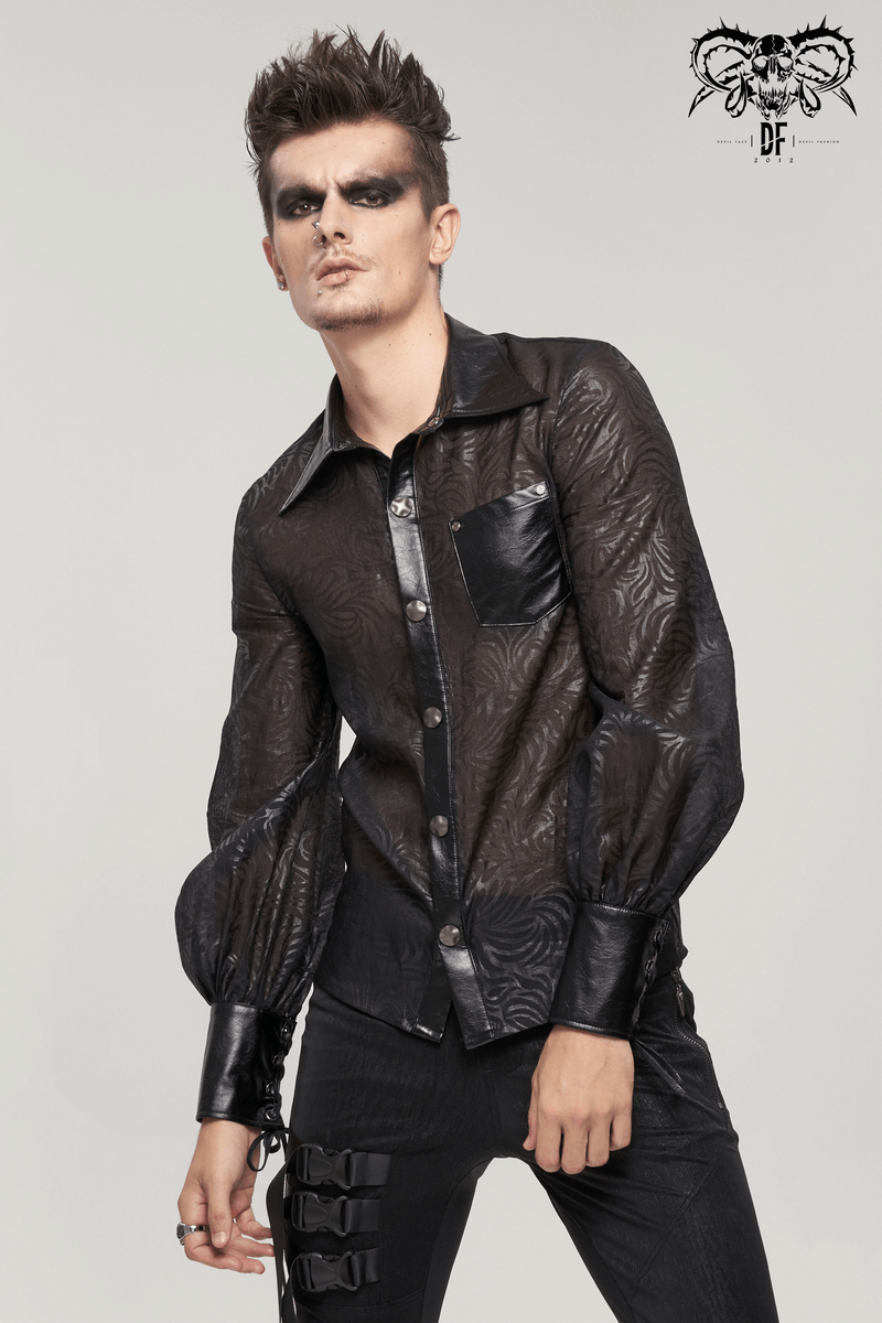 Men's Gothic black jacquard shirt with PU leather inserts and transparent fabric for a stylish look.
