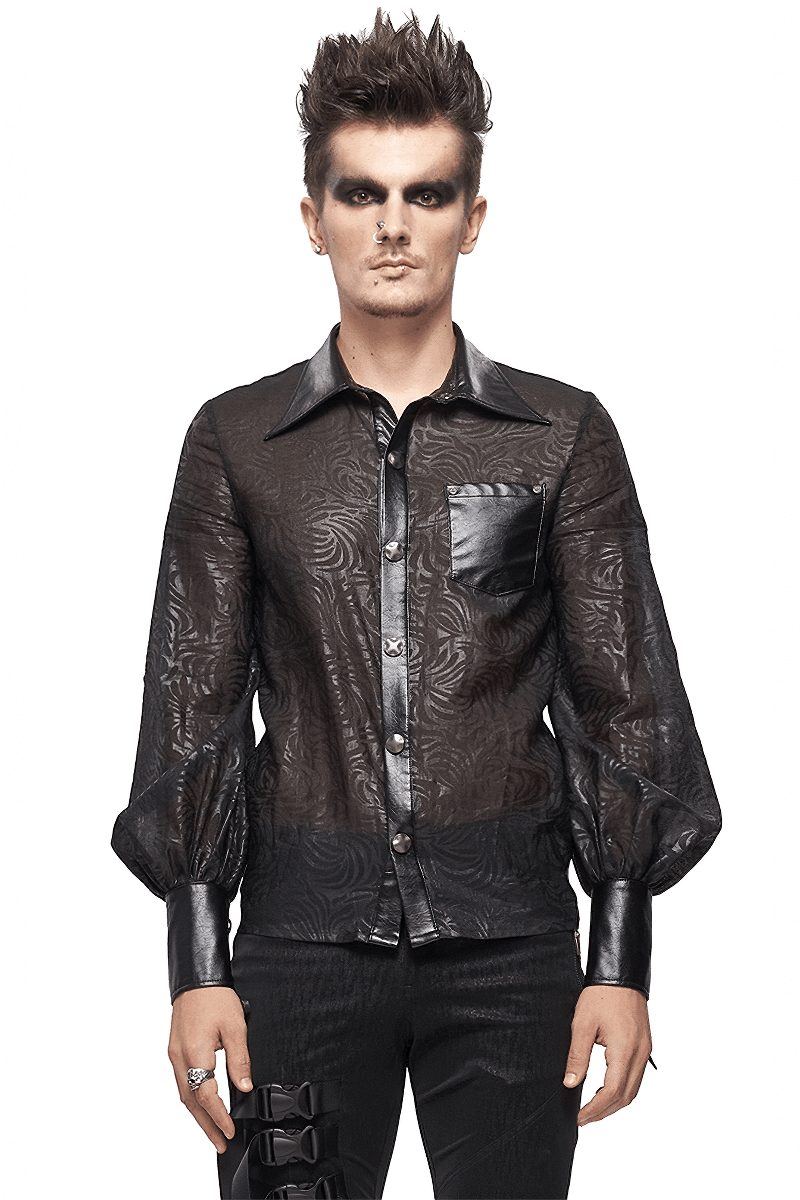 Gothic Jacquard Shirt with PU Leather Inserts / Black Long Sleeve Transparent Shirt - HARD'N'HEAVY