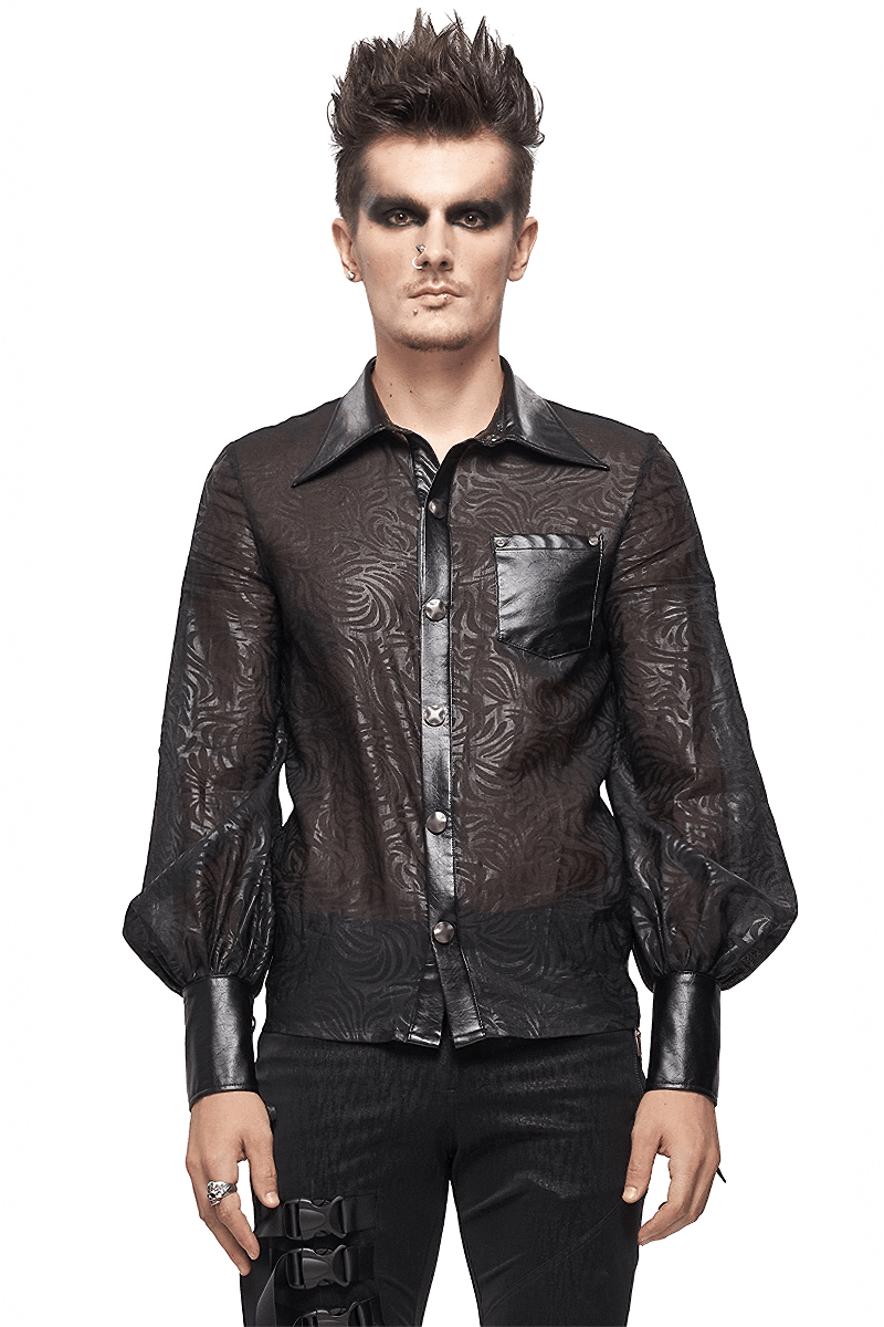 Stylish men's gothic black shirt with PU leather inserts and transparent fabric, perfect for edgy fashion lovers.