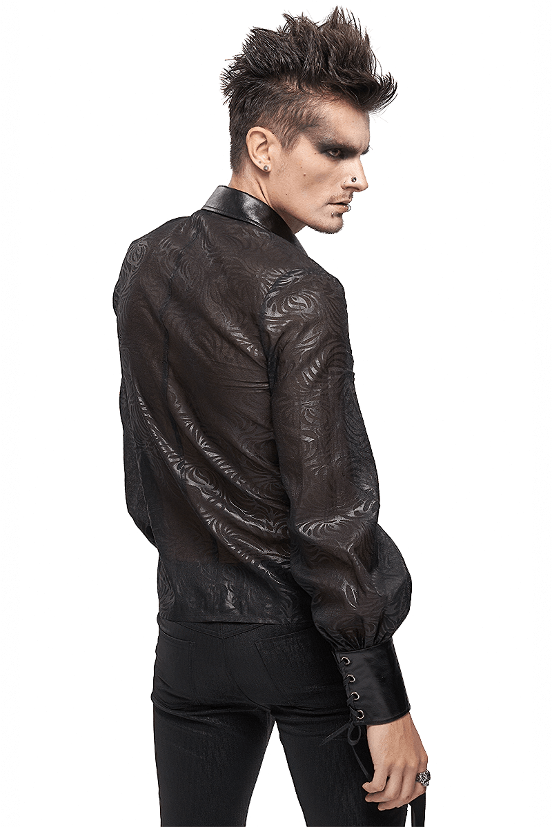 Gothic Jacquard Shirt with PU Leather Inserts / Black Long Sleeve Transparent Shirt - HARD'N'HEAVY