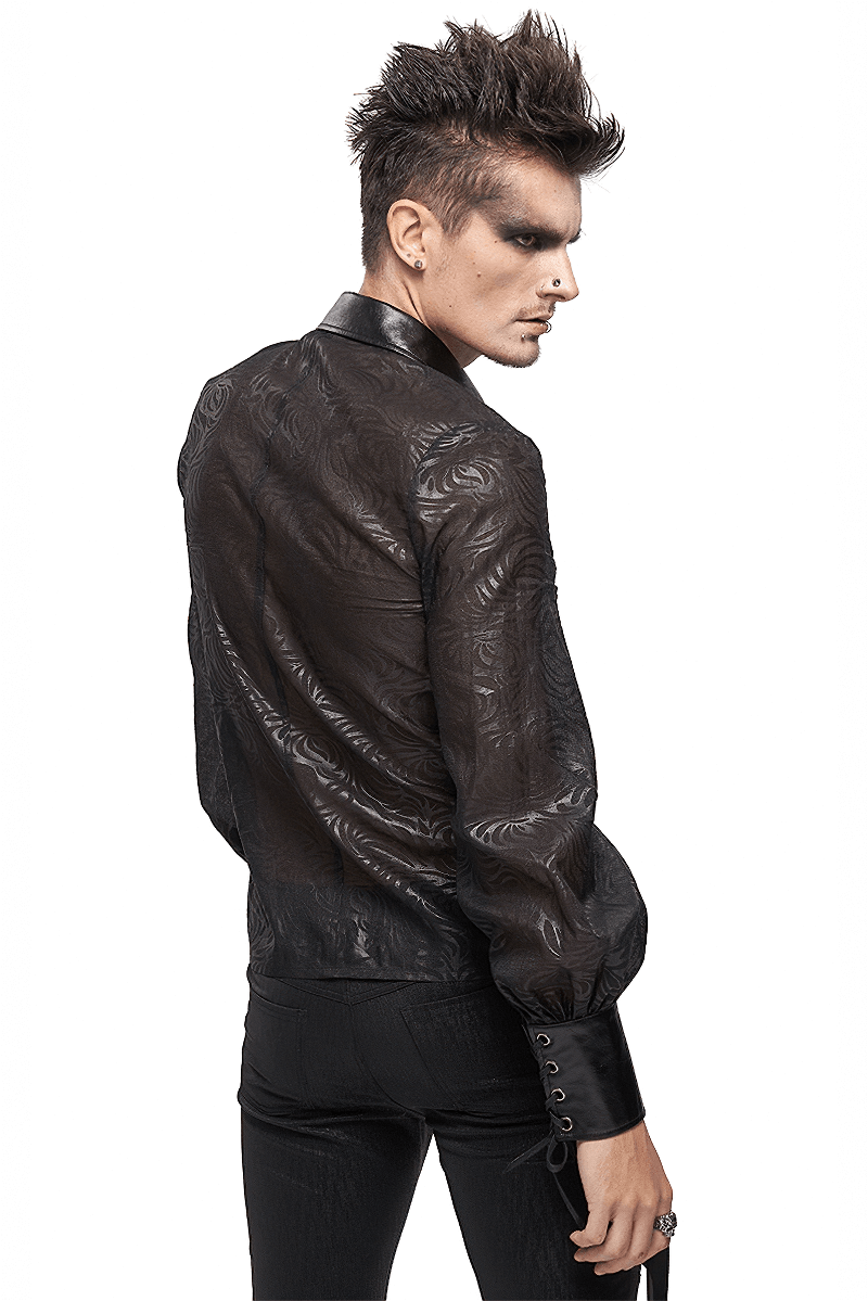 Gothic black jacquard shirt with PU leather inserts displayed by a model from behind.