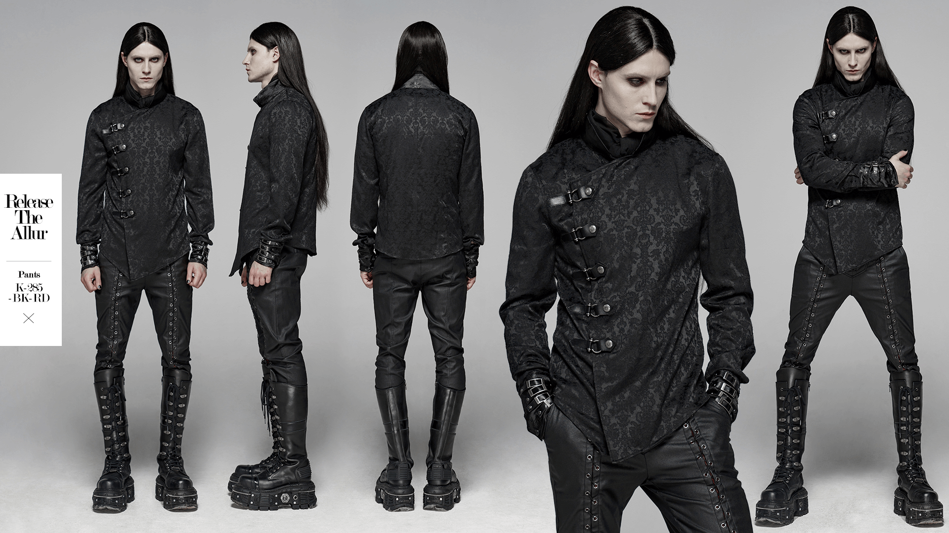 Gothic Jacquard Slim Shirt with leather buckles, featuring a tailored fit and punk-inspired design.