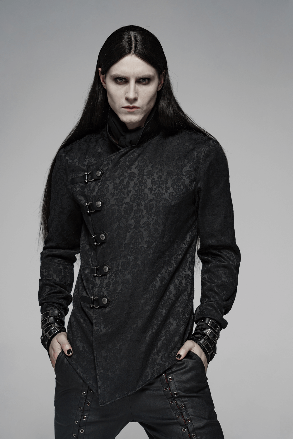 Gothic Jacquard Slim Shirt with Leather Buckles, featuring a matte black design and punk-inspired details.
