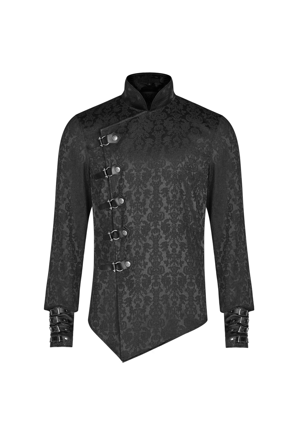Gothic jacquard slim shirt with leather buckles and asymmetrical design, showcasing punk-inspired style.