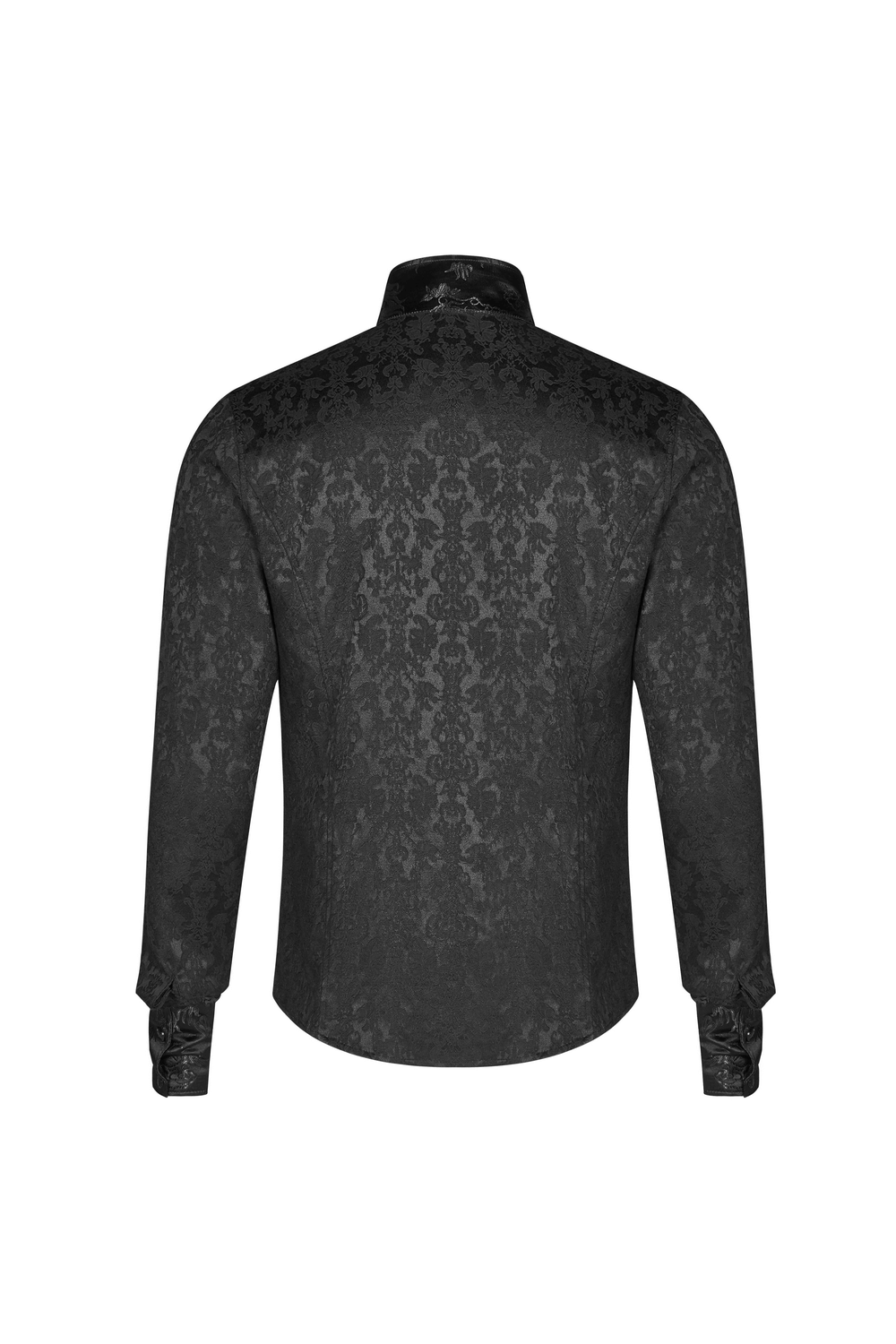 Back view of Gothic Jacquard Slim Shirt with leather buckles, showcasing intricate matte jacquard pattern and tailored fit.