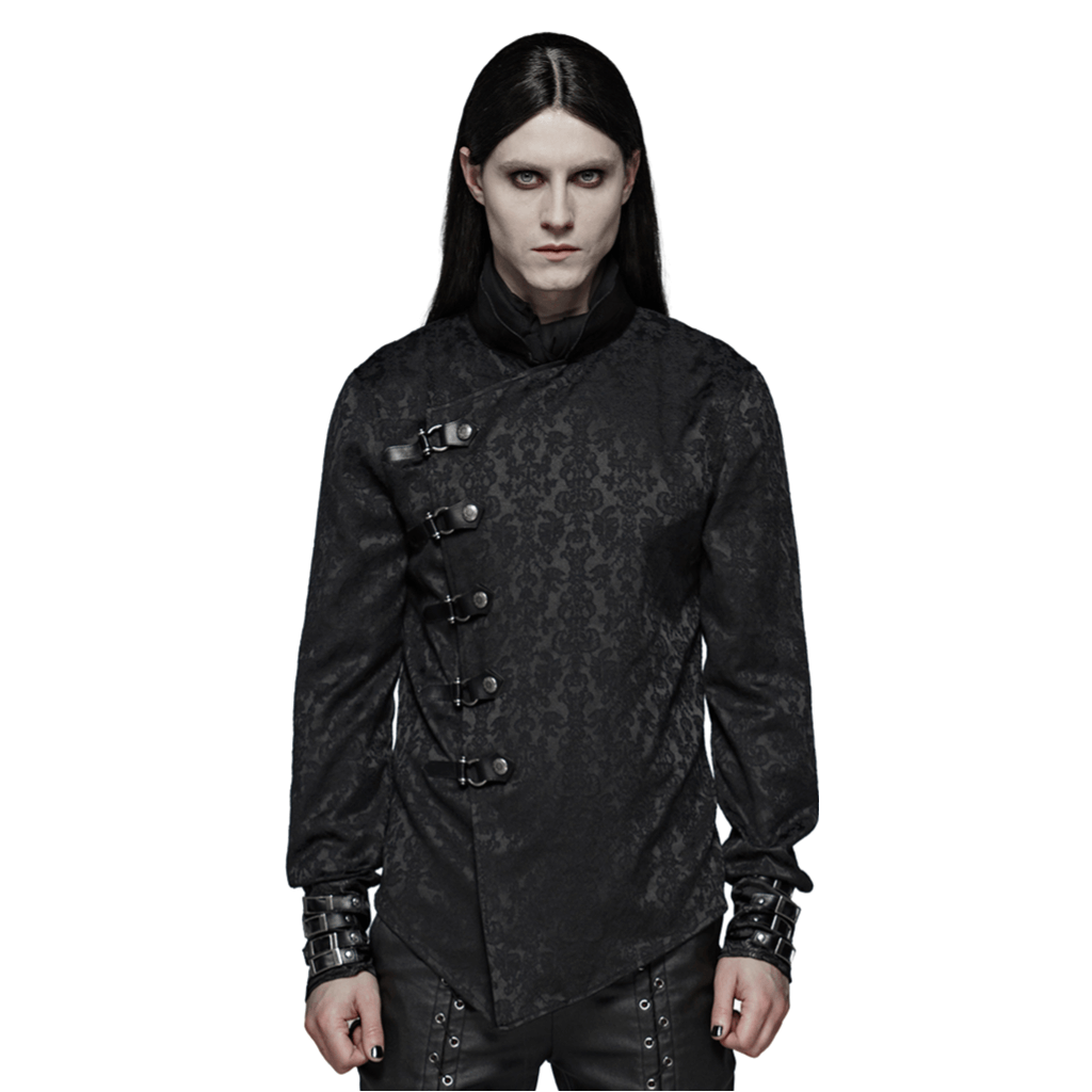 Gothic jacquard slim shirt with leather buckles, exuding punk chic and avant-garde style.