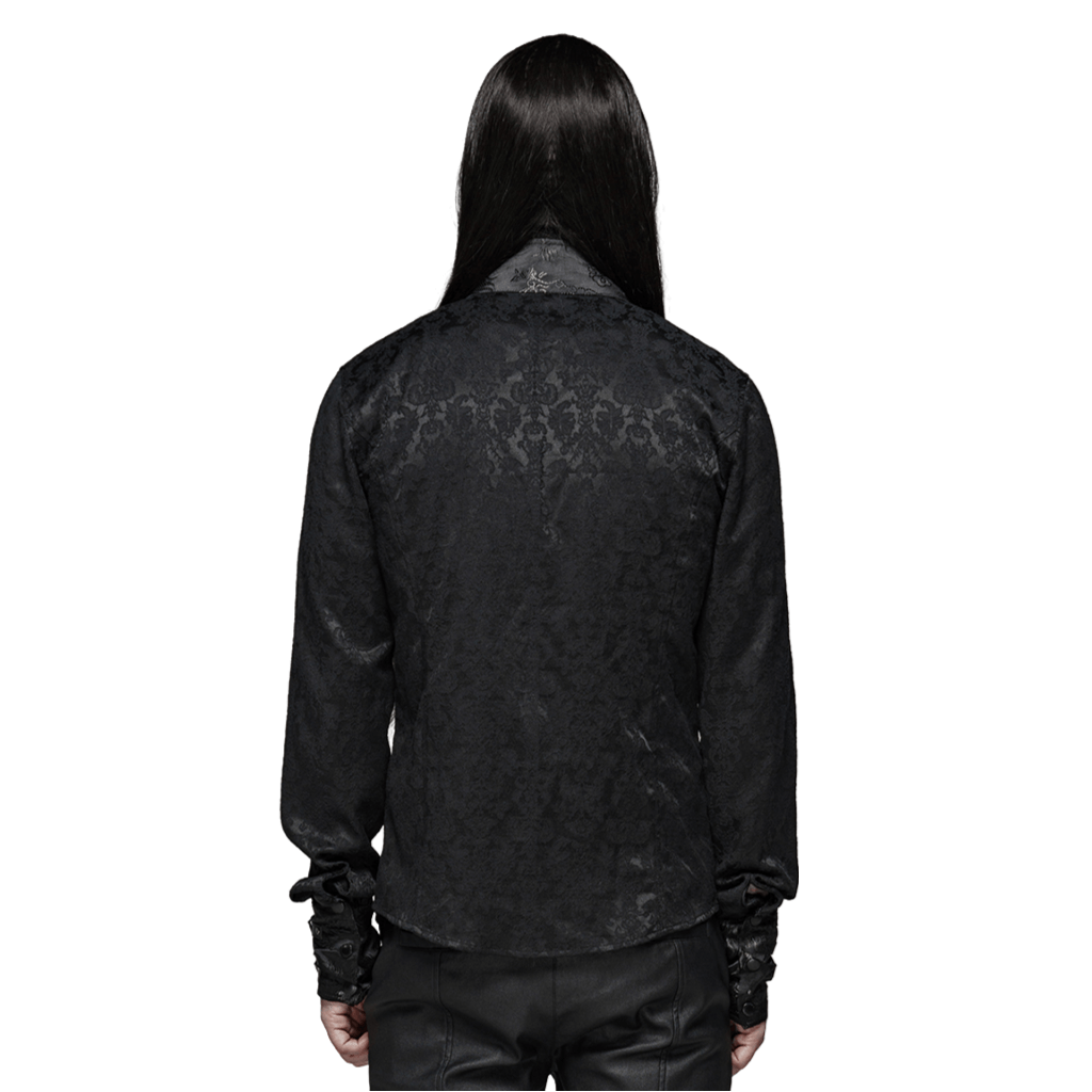 Back view of a gothic jacquard slim shirt with leather buckles, featuring intricate matte fabric and a vertical collar.