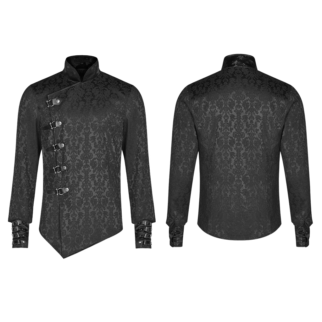 Gothic Jacquard Slim Shirt with leather buckles, showcasing a punk-inspired design and intricate dragon satin pattern.