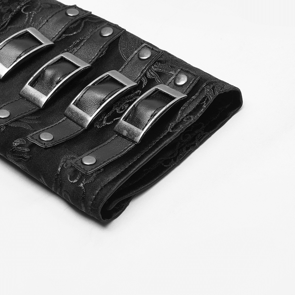 Close-up of gothic jacquard fabric featuring metallic PU leather buckles for an edgy punk aesthetic.