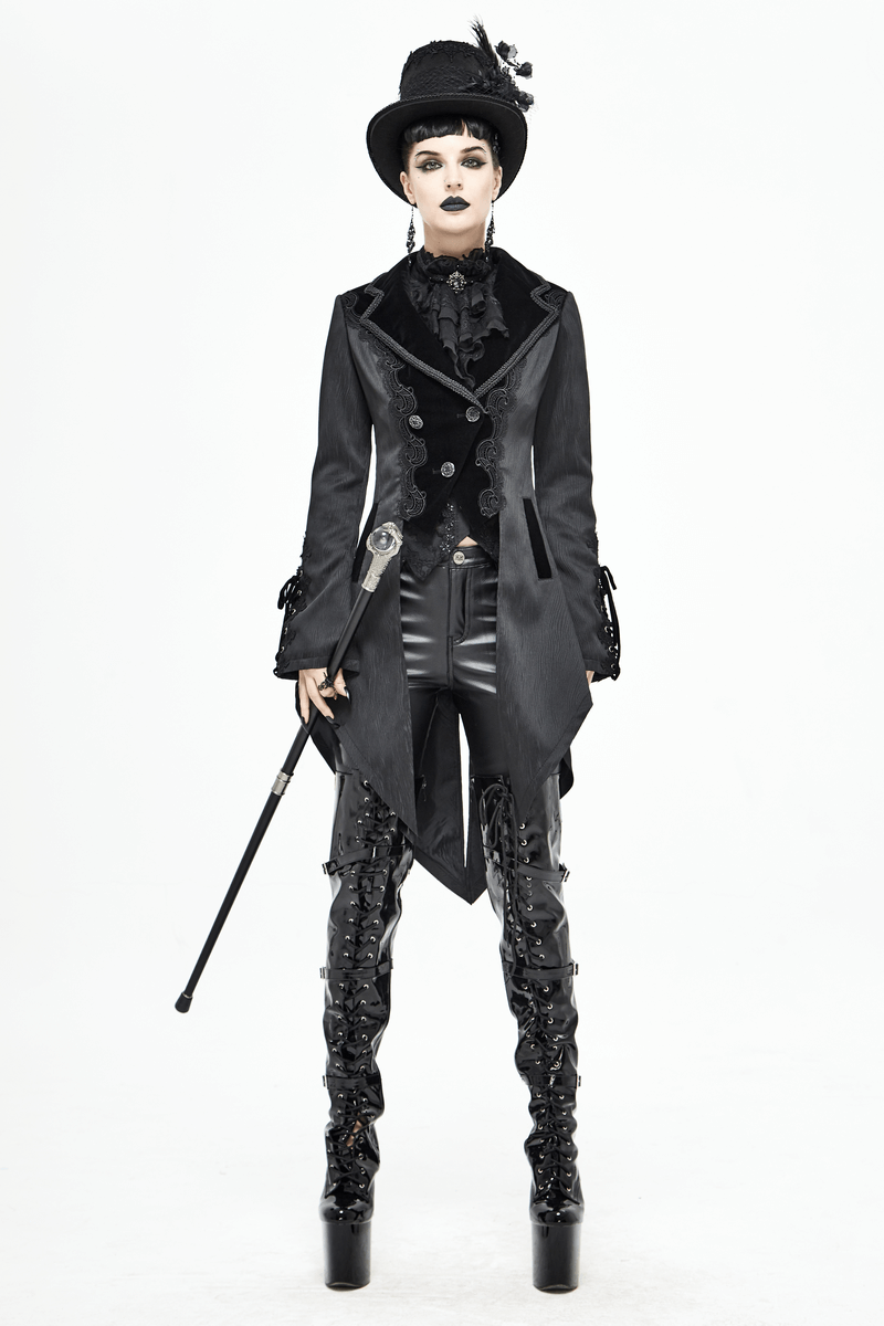 Gothic black jacquard swallow-tailed coat with lace inserts, paired with stylish high-heeled boots and accessories.