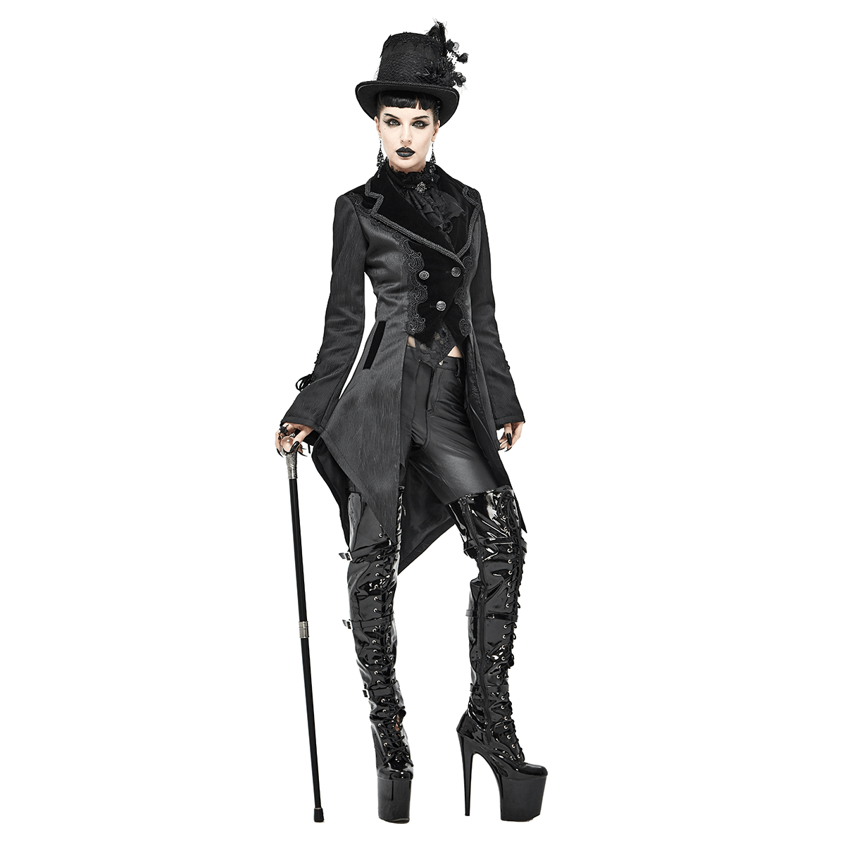 Gothic Jacquard Swallow-tailed Coat / Gorgeous Black V-neck Buttons Coat - HARD'N'HEAVY