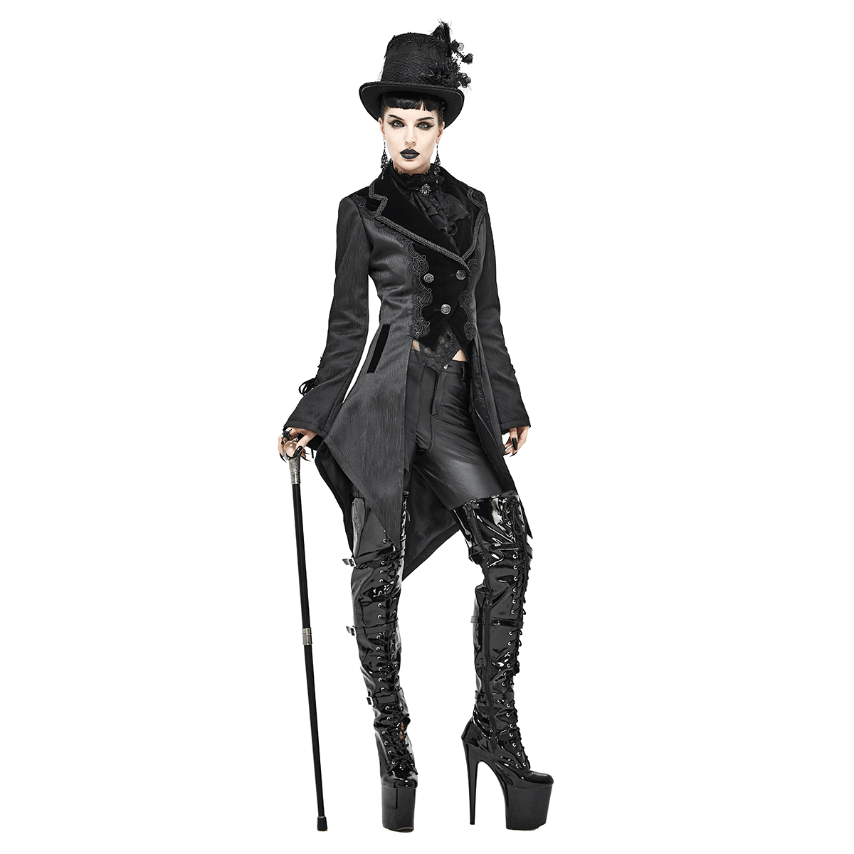 Fashionable woman in a vintage gothic black coat, stylish leggings, and top hat, exuding gothic elegance.