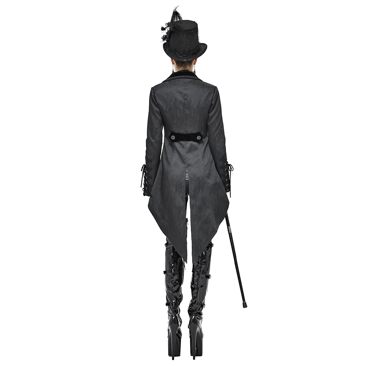 Back view of a woman in a vintage gothic swallow-tailed coat paired with a top hat, showcasing an elegant style.