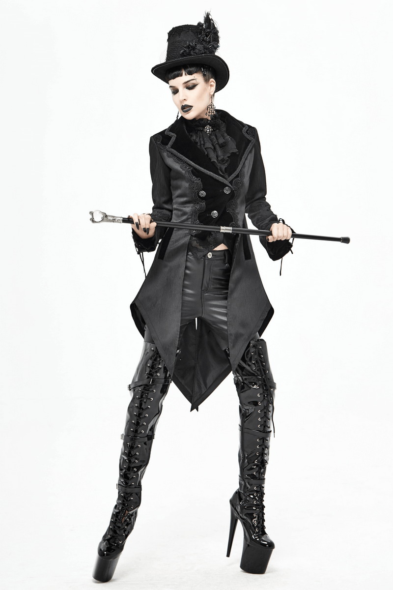 Stylish model in a vintage gothic black coat, top hat, and high boots, holding a cane, exuding elegance and confidence.