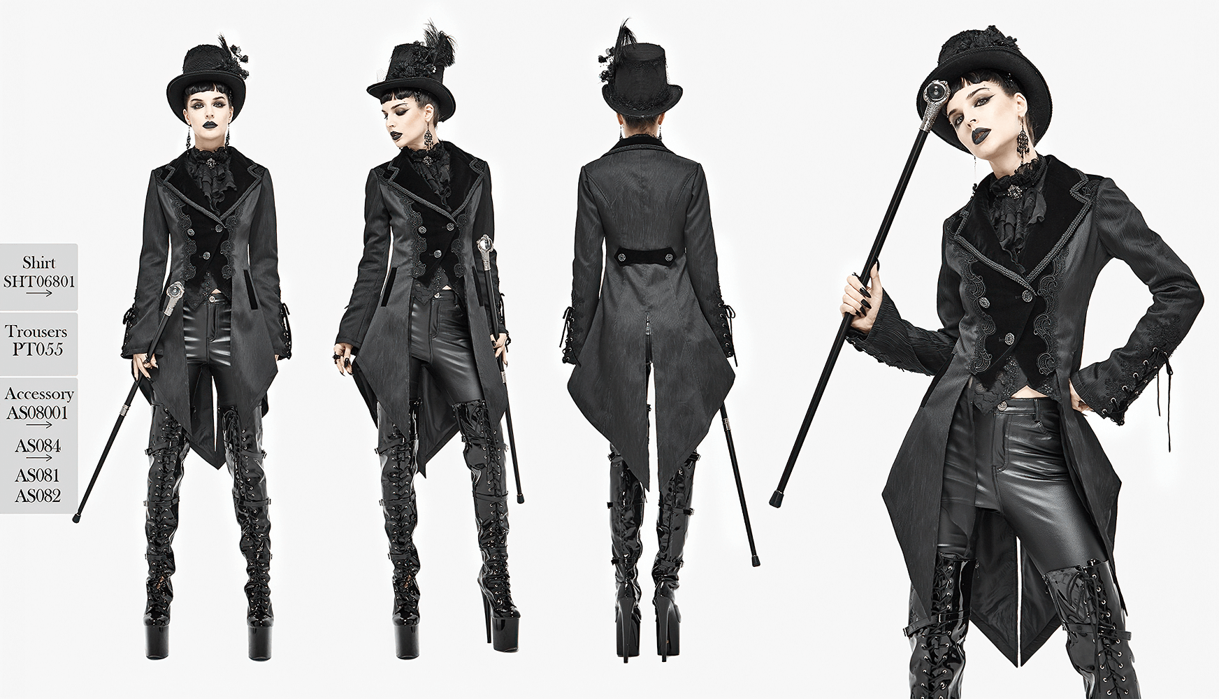 Stylish model wearing a vintage gothic black coat with a swallow-tail design, paired with leather trousers and accessories.