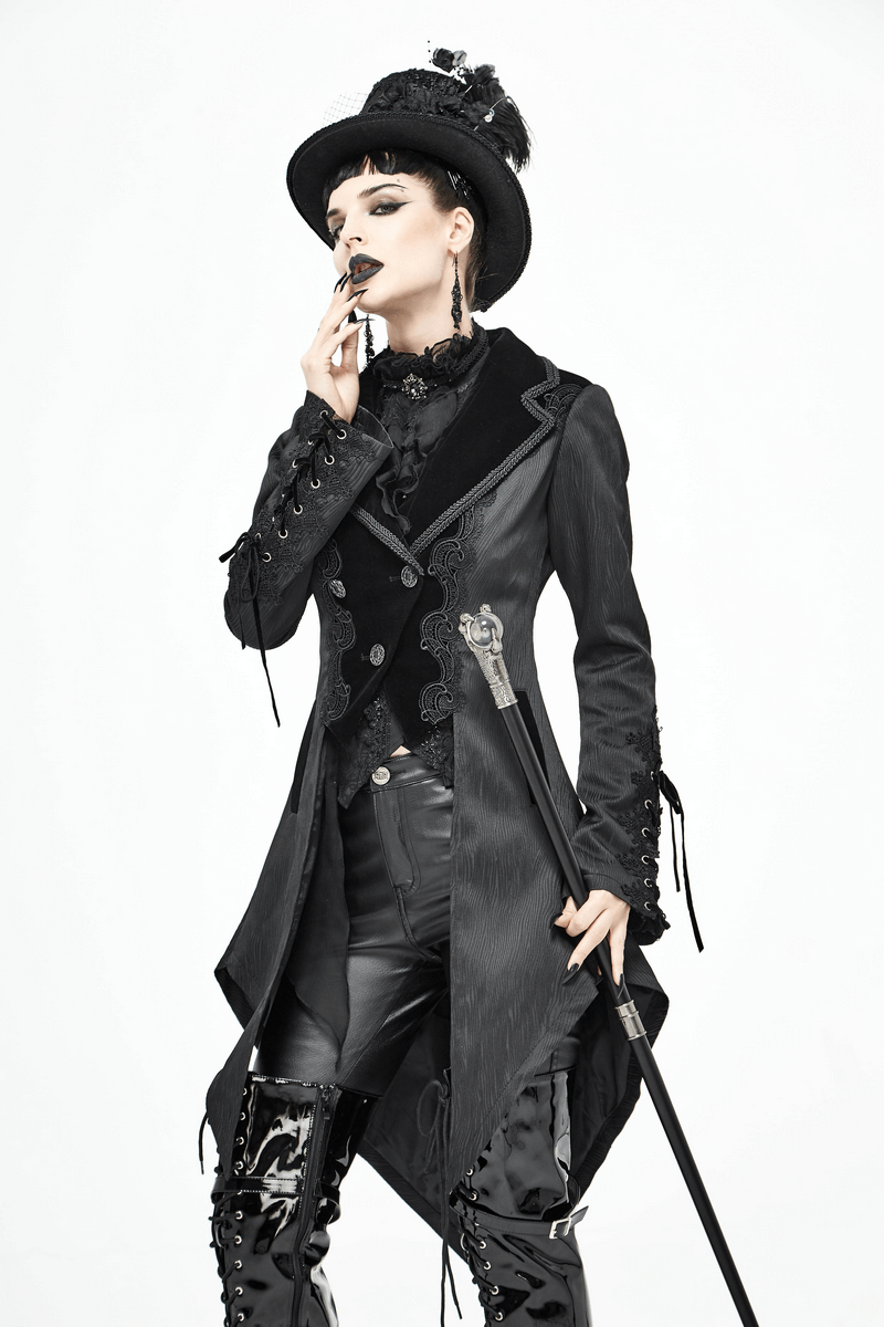 Stylish model wearing a vintage gothic black swallow-tailed coat with lace and silver button details.