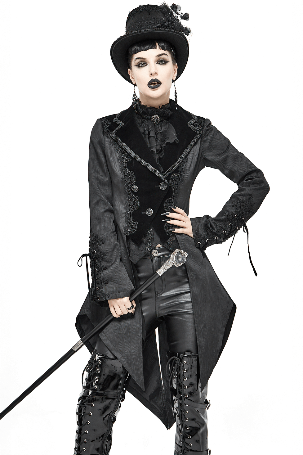 Gorgeous gothic women's black coat with swallow-tail design, lace inserts, and silver buttons for vintage style.