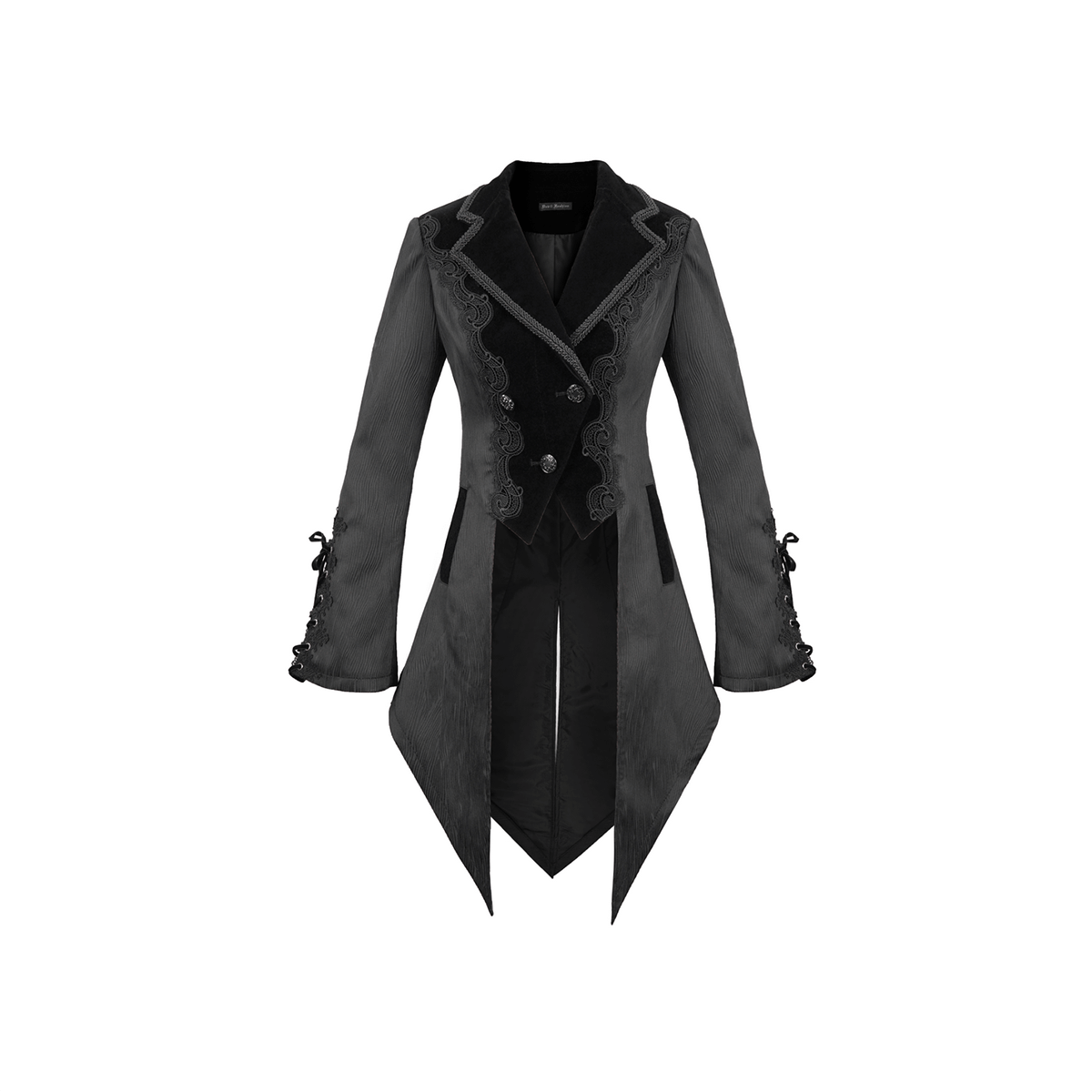 Gothic jacquard swallow-tailed coat with lace inserts and silver buttons, perfect for vintage gothic style.