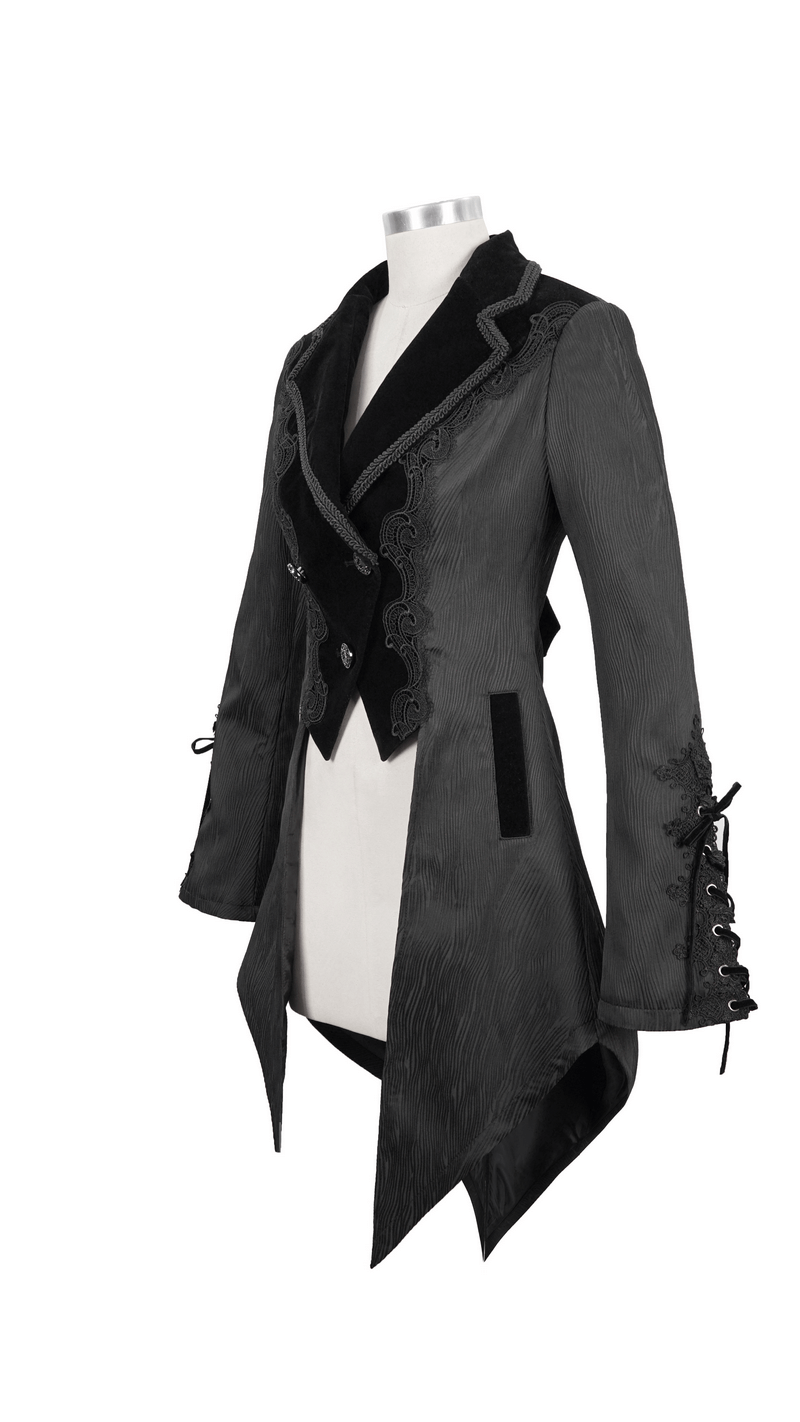 Gothic jacquard swallow-tailed coat with lace inserts and silver buttons, perfect for vintage gothic wardrobes.