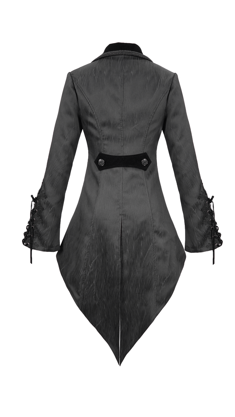 Gothic black coat with swallowtail cut, lace inserts, and silver buttons, perfect for vintage gothic style.