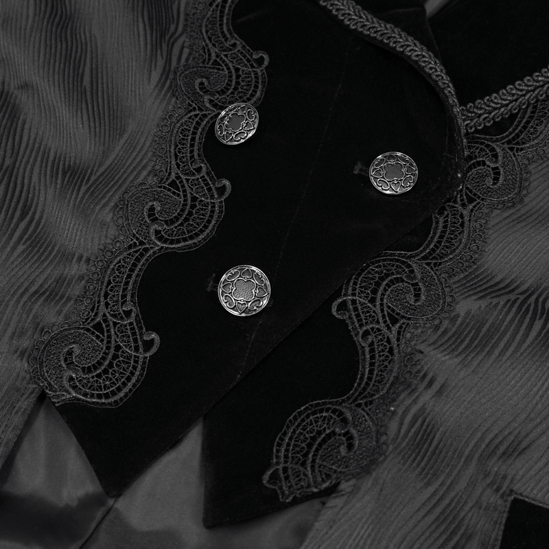 Close-up of vintage gothic women's coat featuring lace inserts and elegant silver buttons on a black fabric.