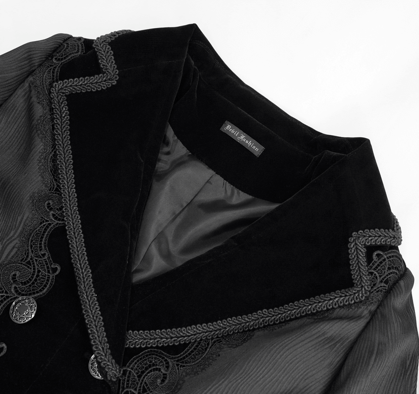 Close-up of the Gothic Jacquard women's coat featuring elegant lace detailing and silver buttons.