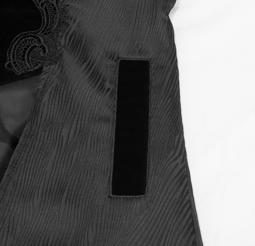 Close-up of lace and velvet detailing on the Gothic Jacquard Swallow-tailed Coat, showcasing its vintage elegance.