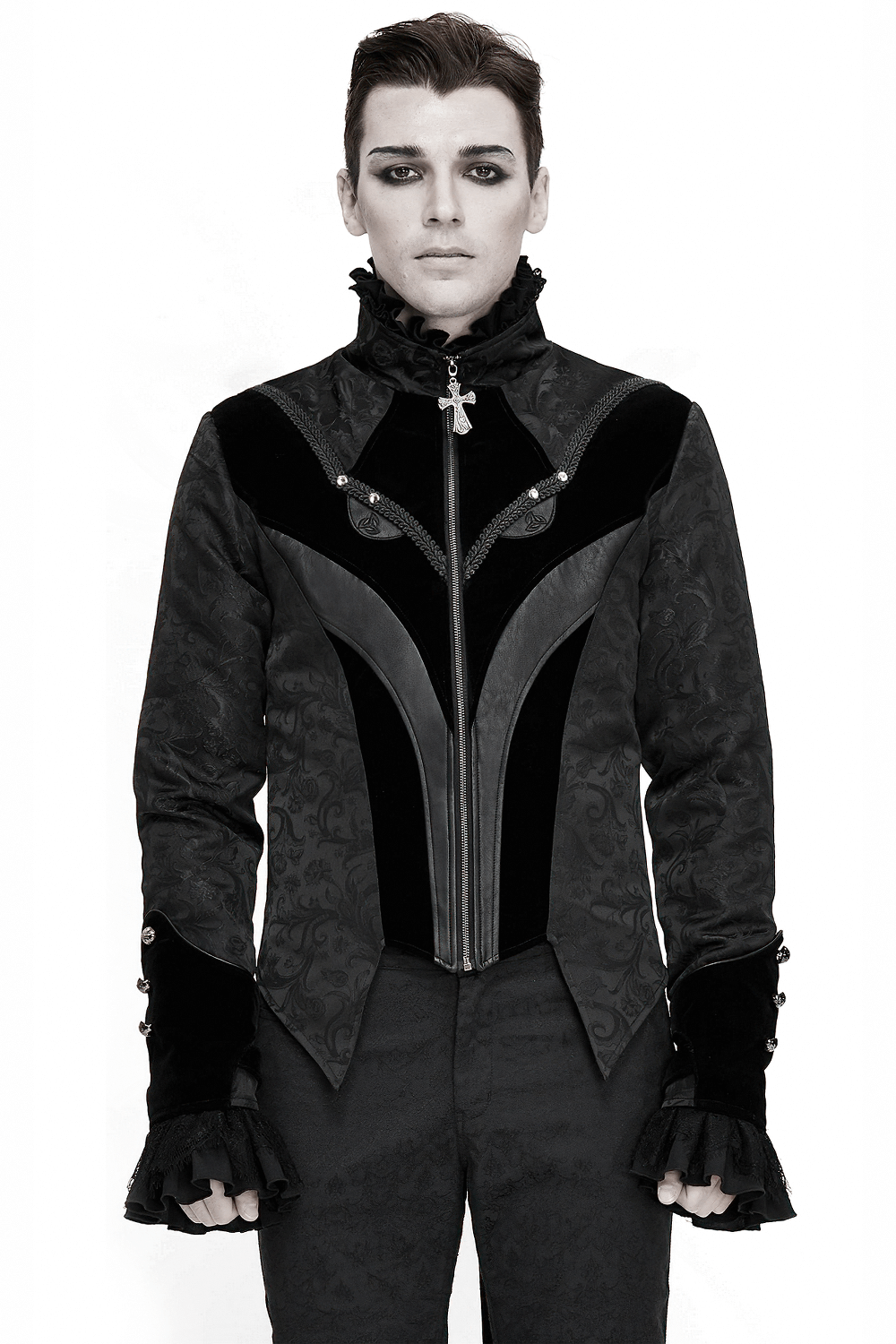 Gothic Jacquard Velvet Swallow Tailcoat / Men's Stand Collar Cross Zip Coat