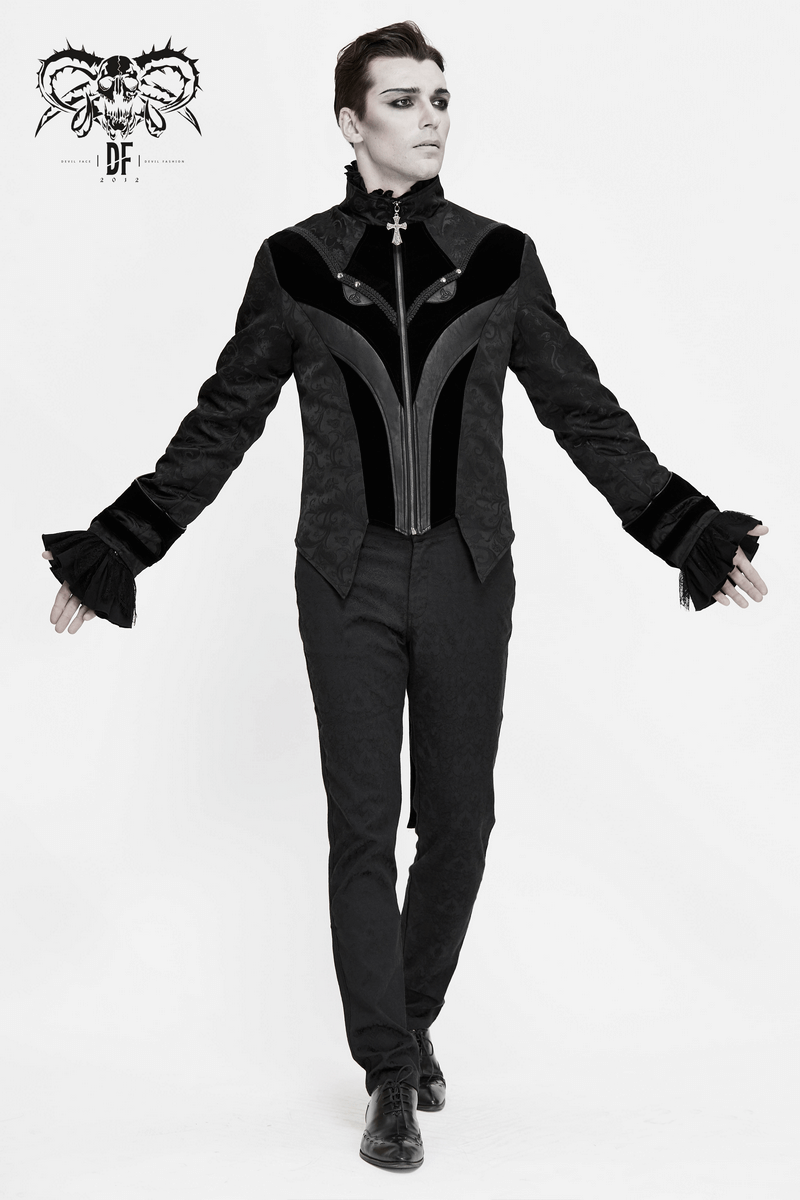 Men's gothic velvet swallow tailcoat with stand collar and cross zip, showcasing vintage elegance and stylish flair.