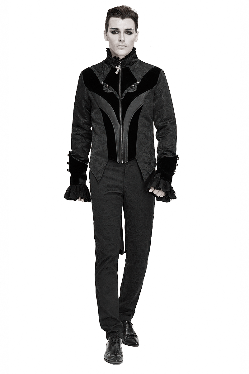 Gothic Jacquard Velvet Swallow Tailcoat / Men's Stand Collar Cross Zip Coat - HARD'N'HEAVY