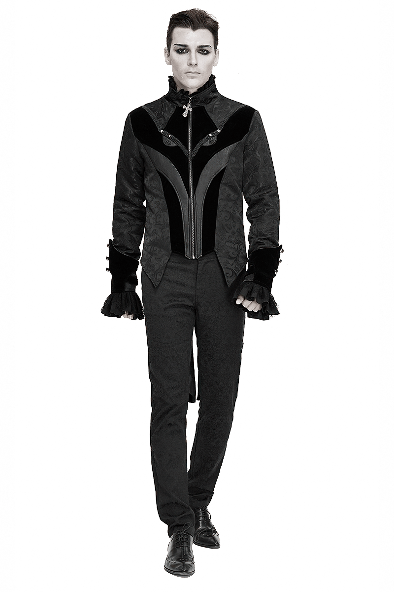 Gothic jacquard velvet swallow tailcoat for men, featuring a stand collar and cross zip design, perfect for vintage gothic style.