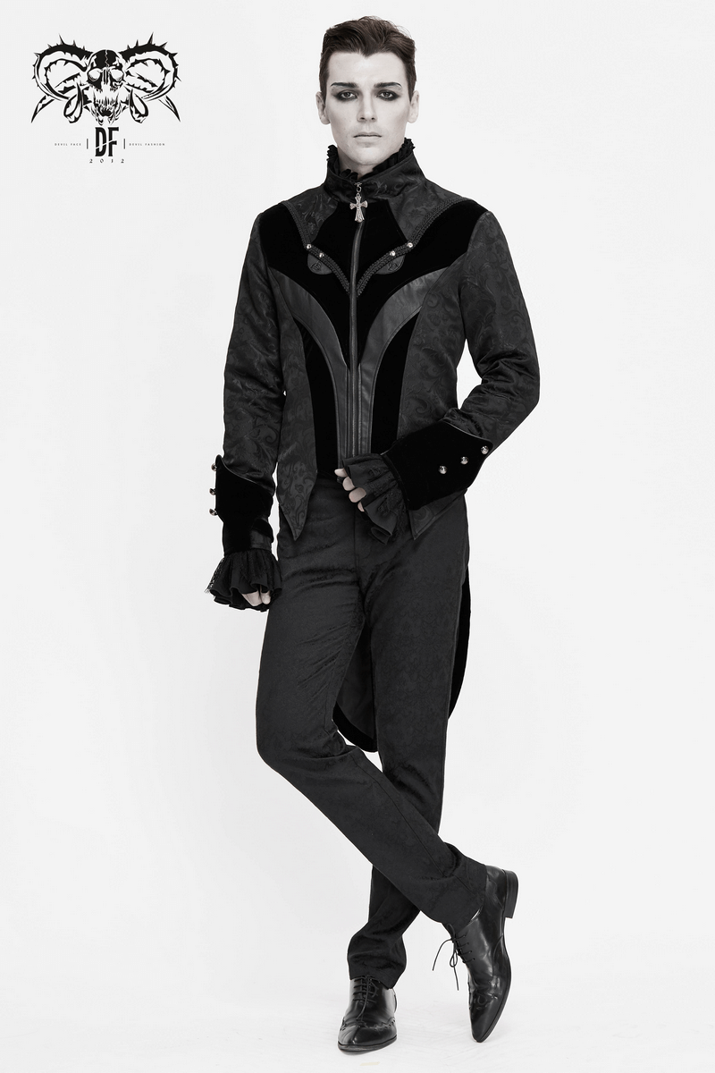 Gothic jacquard velvet swallow tailcoat worn by model in vintage style, showcasing distinctive stand collar and cross zip.