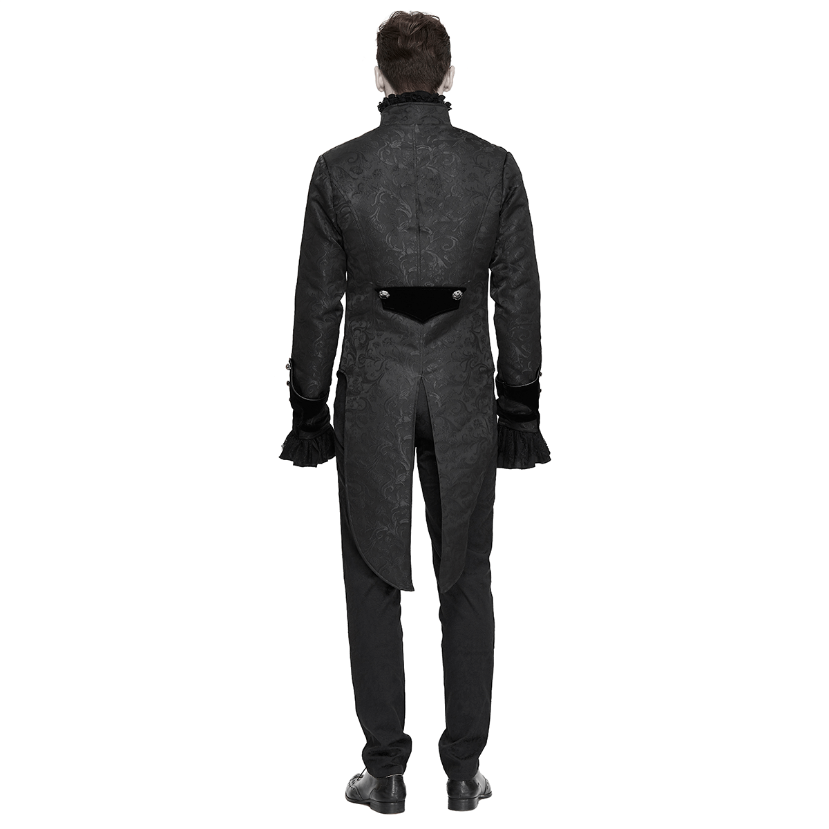 Men's gothic velvet swallow tailcoat, showcasing elegant back design and luxurious fabric for a vintage style.