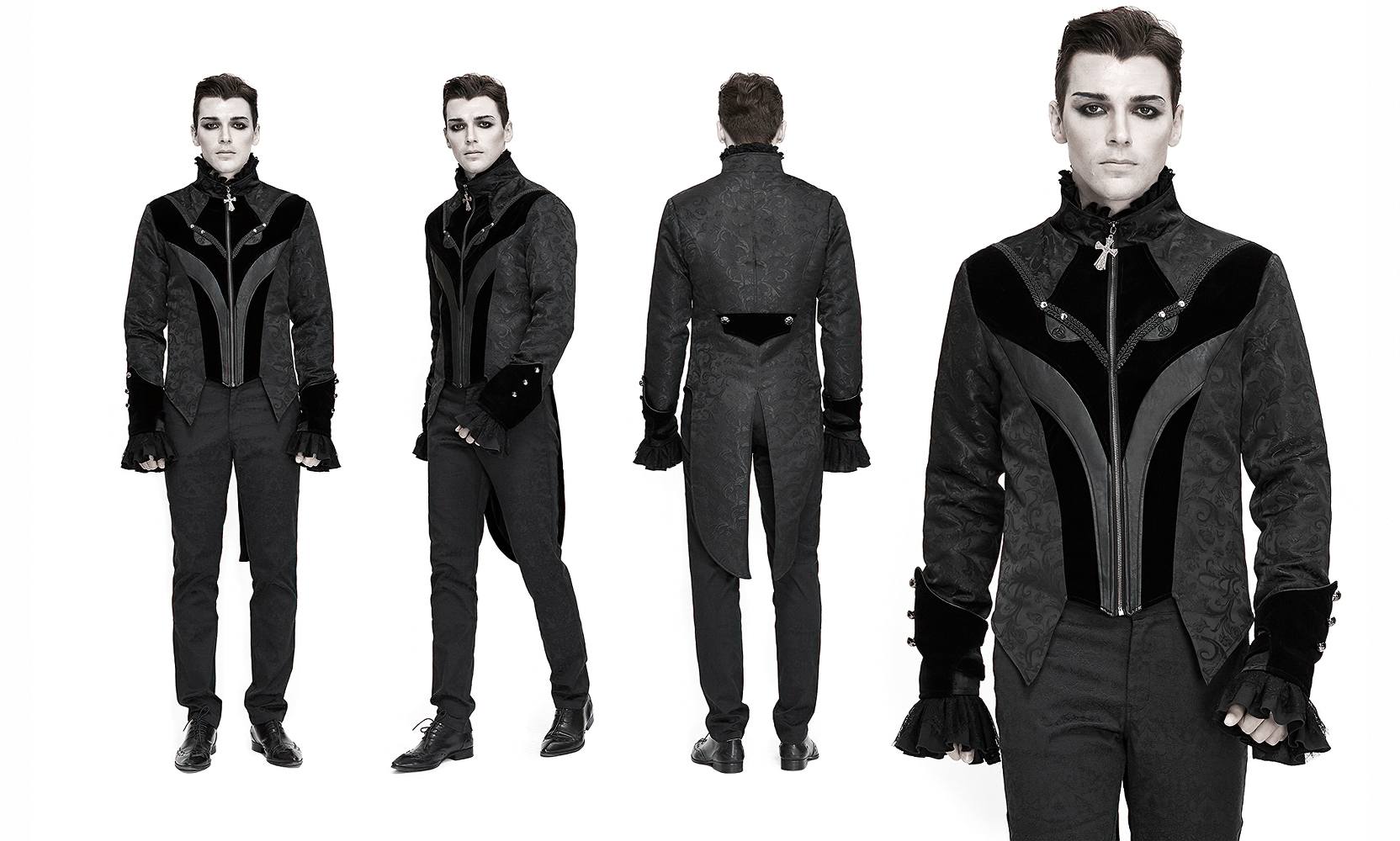 Gothic Jacquard Velvet Swallow Tailcoat / Men's Stand Collar Cross Zip Coat