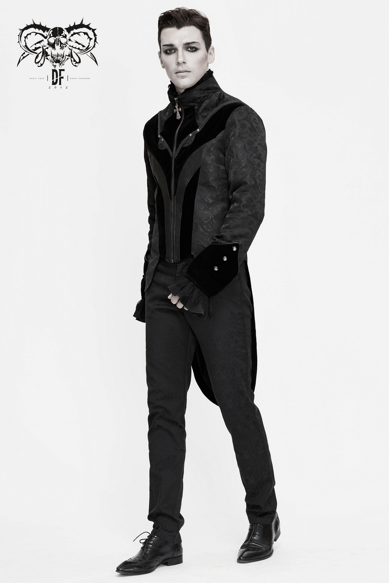 Stylish men's gothic jacquard velvet coat with stand collar and silver cross detail.